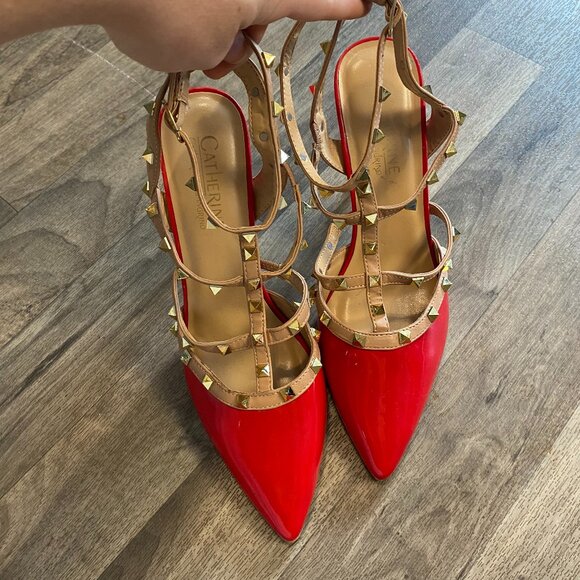 Catherine Melandrino Jazy Heals Size 8.5 Red Spike Strap Pointed Toe - Picture 3 of 10